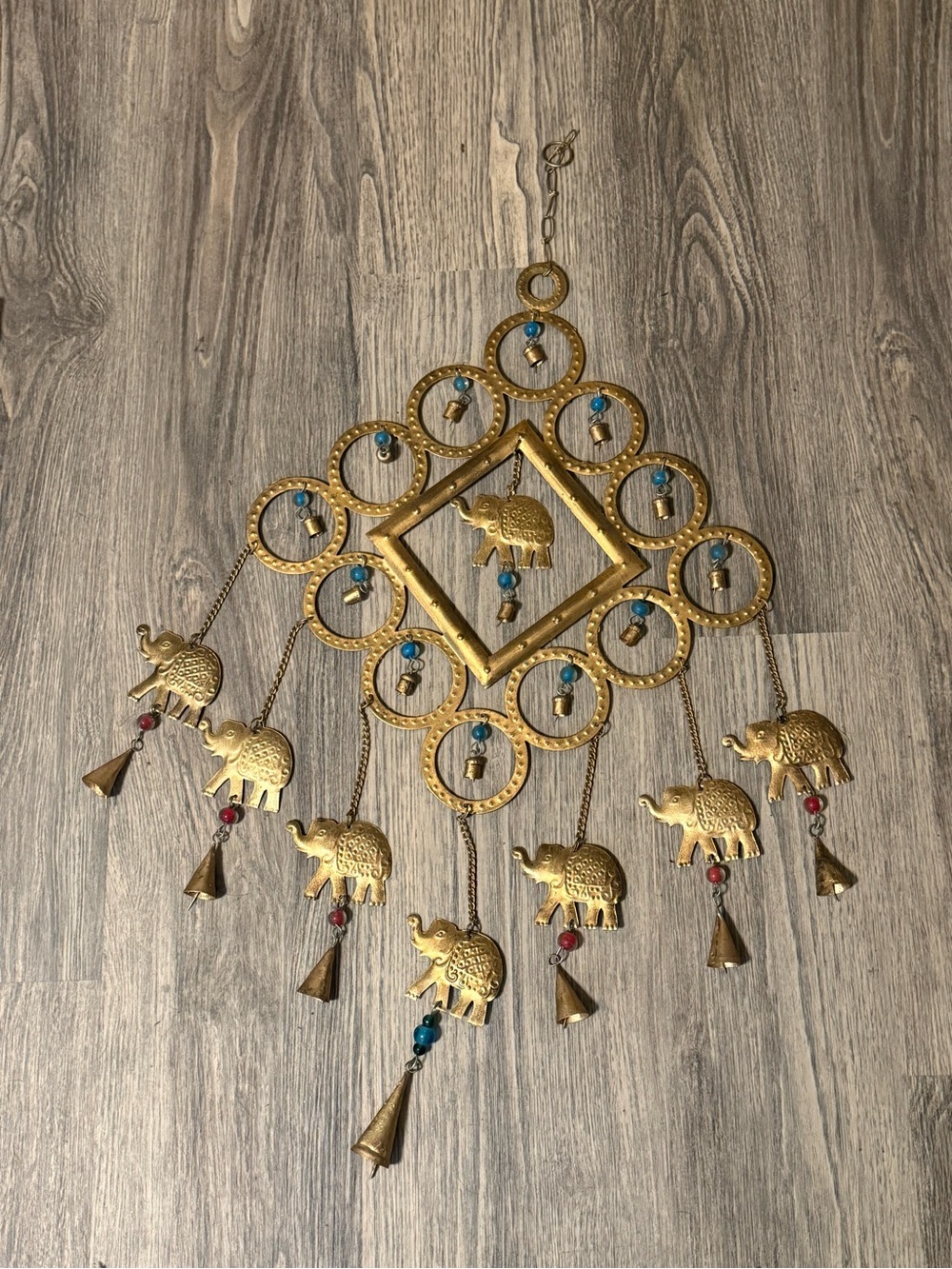 Gold Elephant Wind Chime Wall Hanging with Blue and Red Beads
